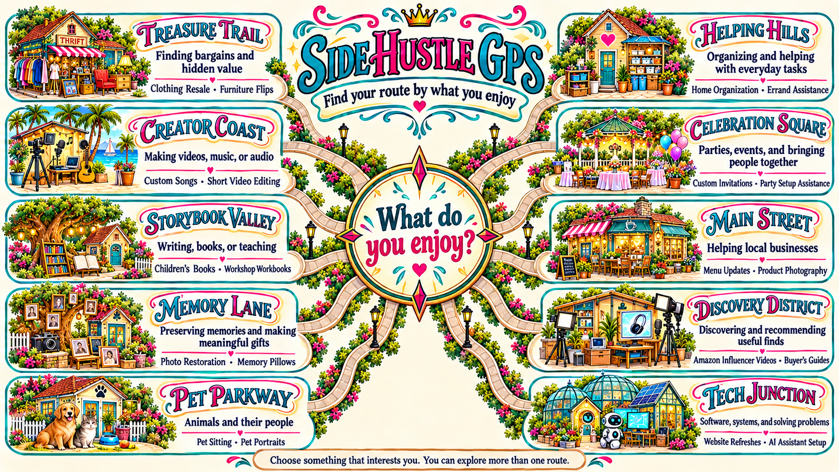 Side Hustle GPS Interest Map: ten illustrated regions connected to what you enjoy, with interests and example activities.