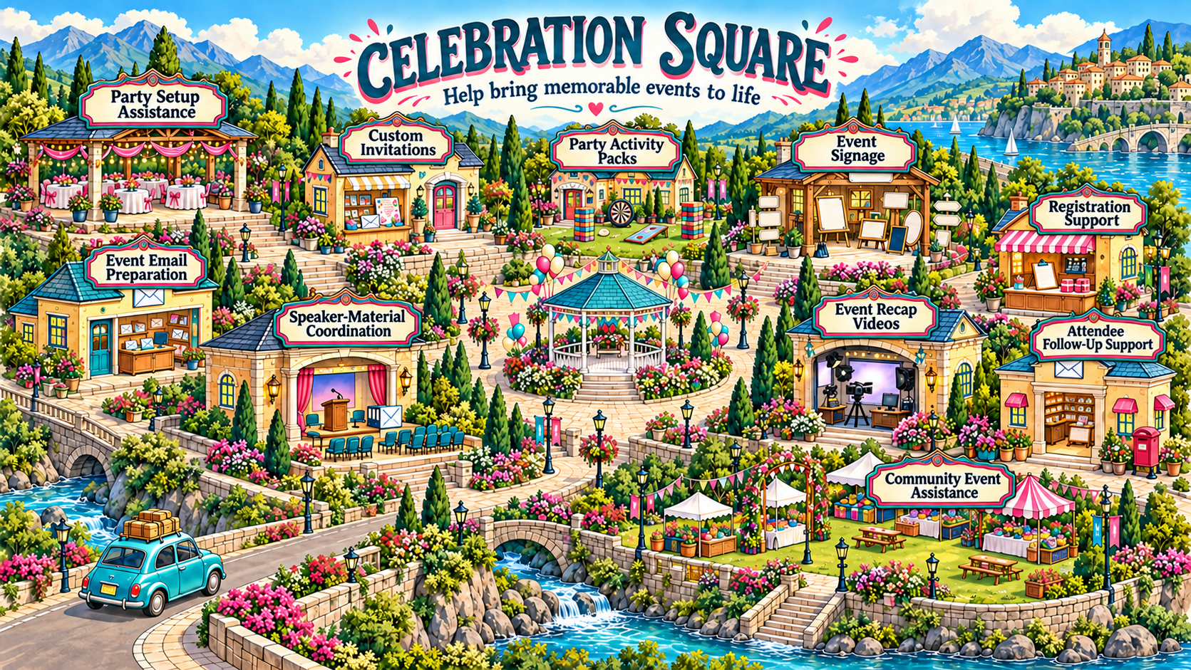 The original Celebration Square map with ten side hustle destinations.