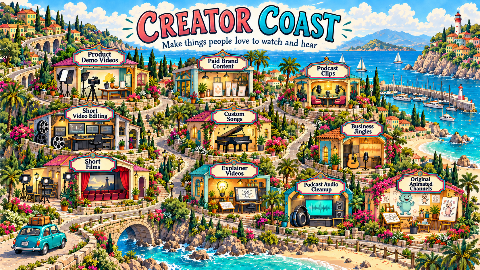 The original Creator Coast map with ten side hustle destinations.