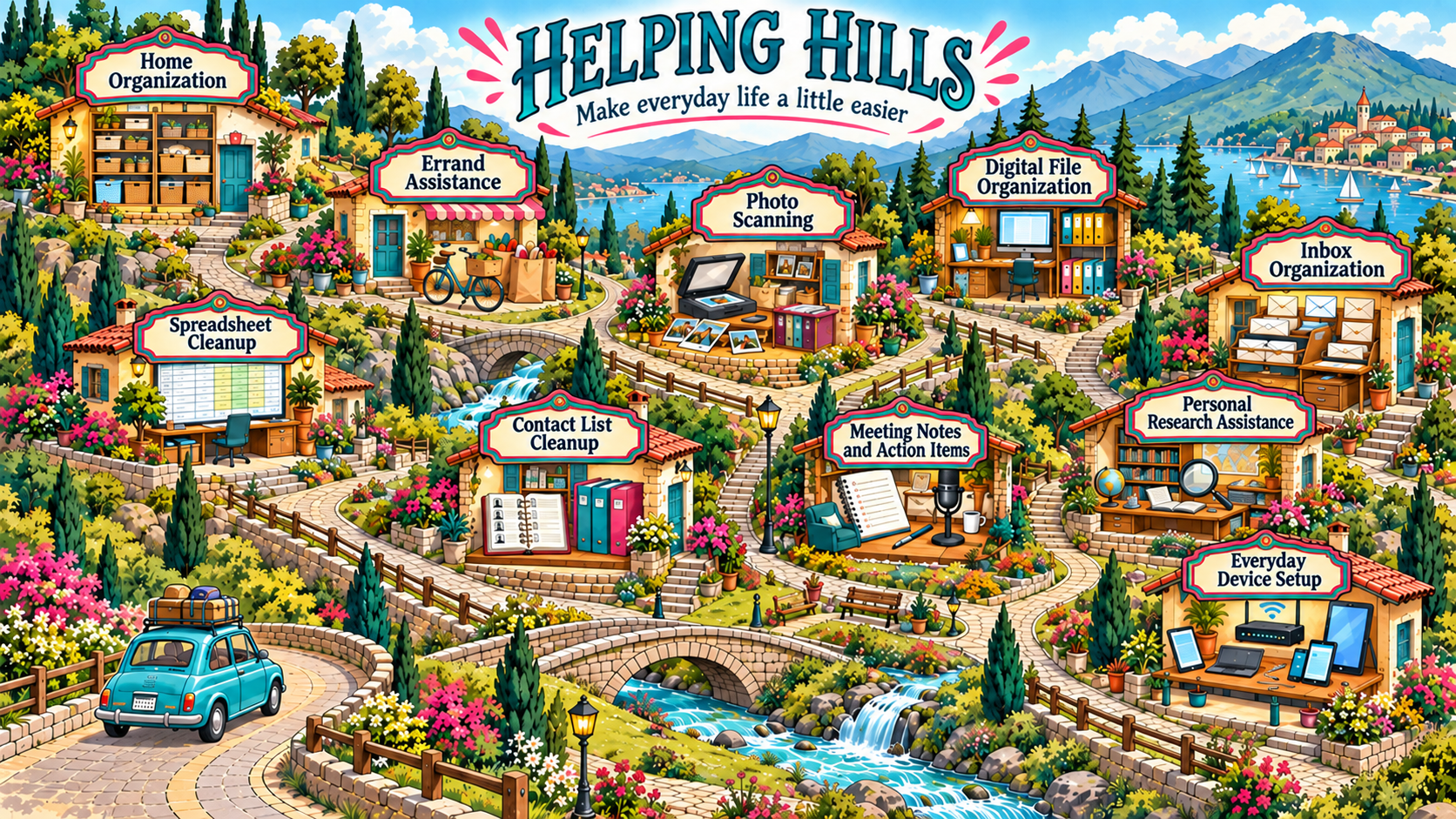 The original Helping Hills map with ten side hustle destinations.