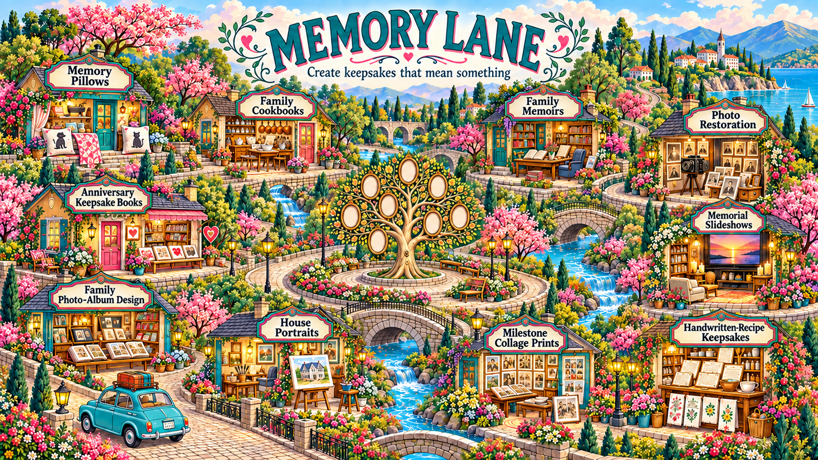 The original Memory Lane map with ten side hustle destinations.