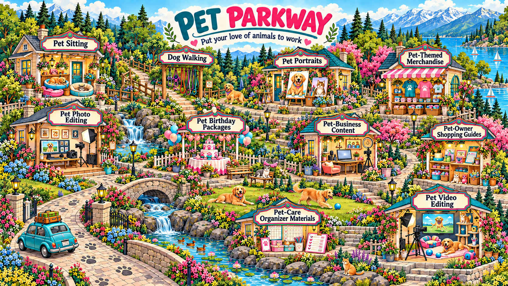 The original Pet Parkway map with ten side hustle destinations.