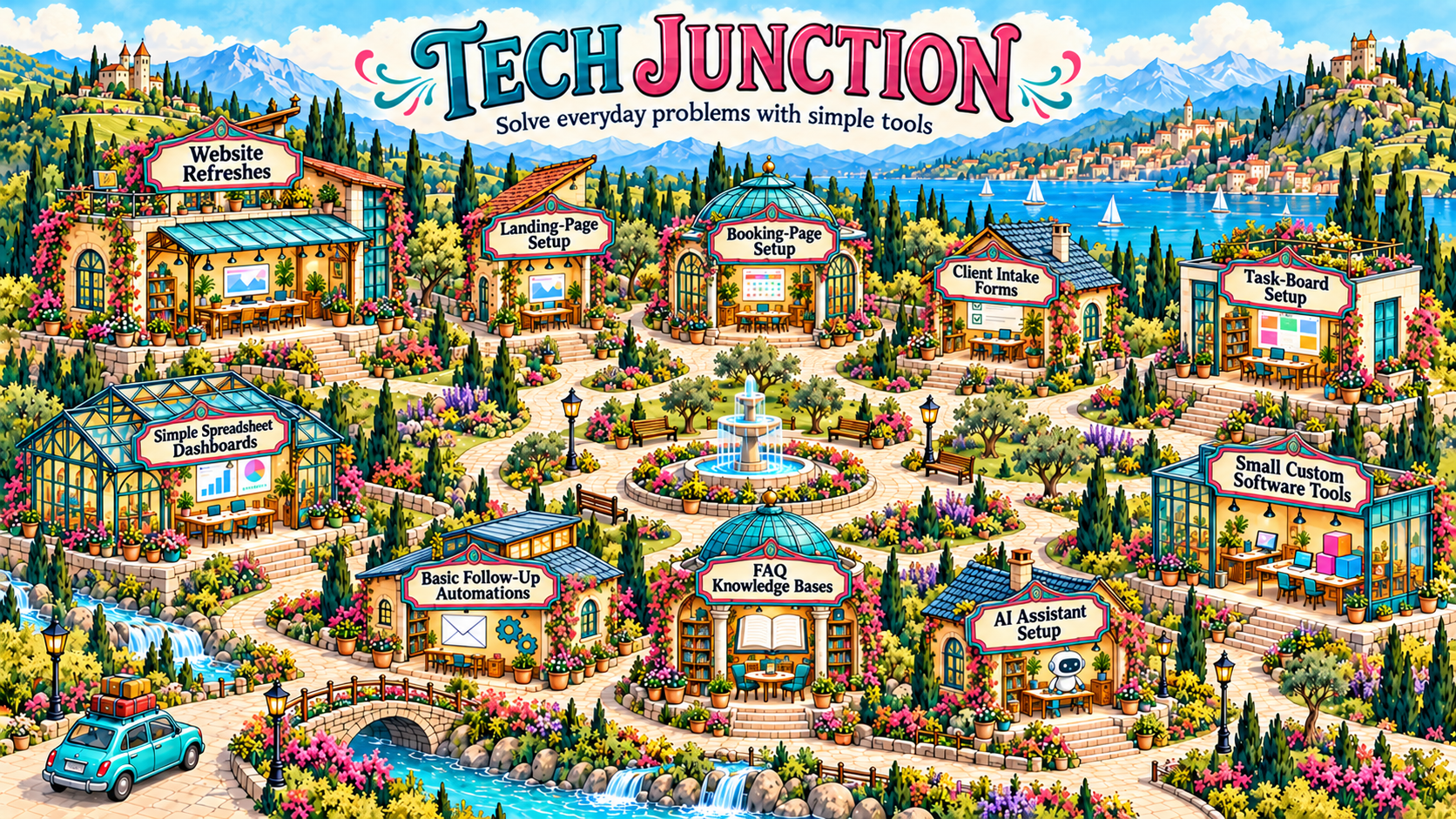 The original Tech Junction map with ten side hustle destinations.