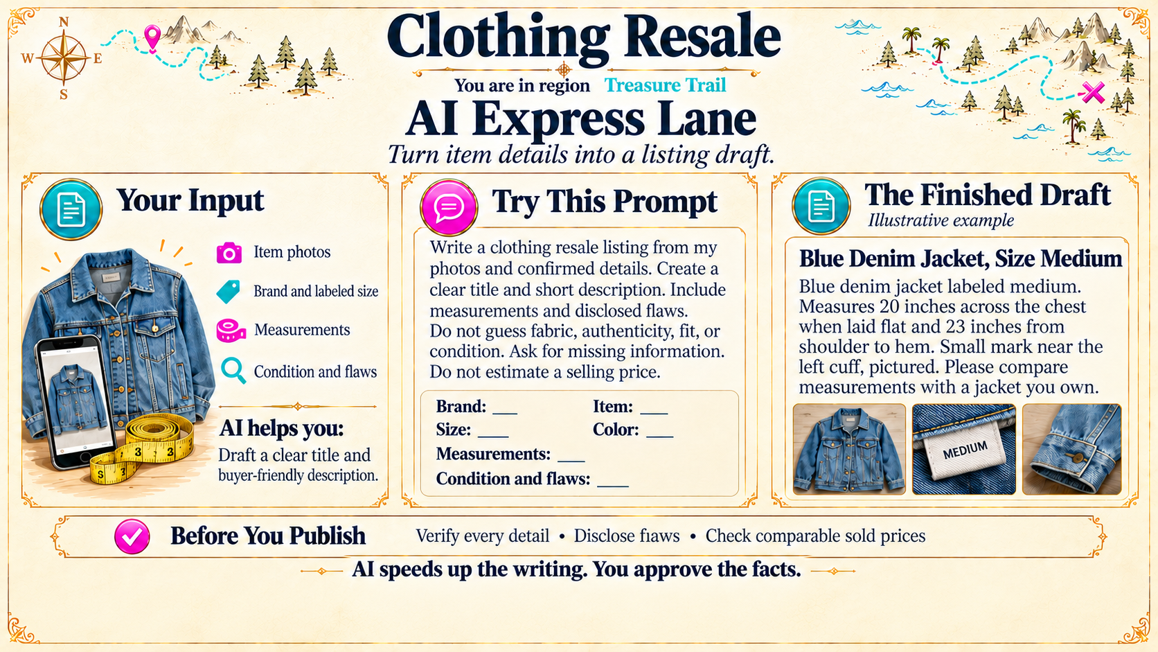 Clothing Resale AI Express Lane: listing inputs, a factual drafting prompt, an illustrative denim jacket listing and checks before publishing.