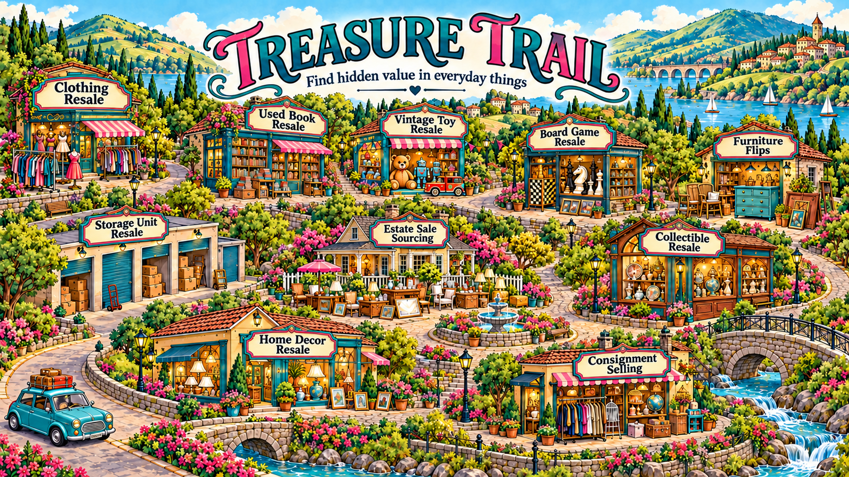 The official Treasure Trail illustrated map with ten resale and sourcing destinations.